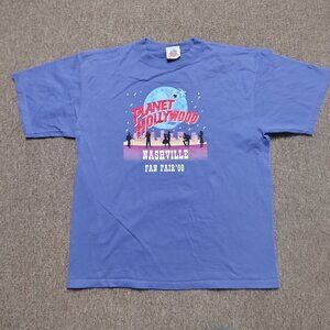 Vintage PLANET HOLLYWOOD T-Shirt Men XL Blue Nashville Fan Fair 1998 Graphic USA